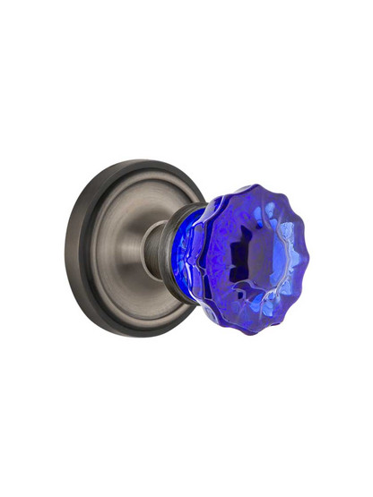 Classic Rosette Door Set with Colored Fluted Crystal Glass Knobs Cobalt Blue in Antique Pewter.